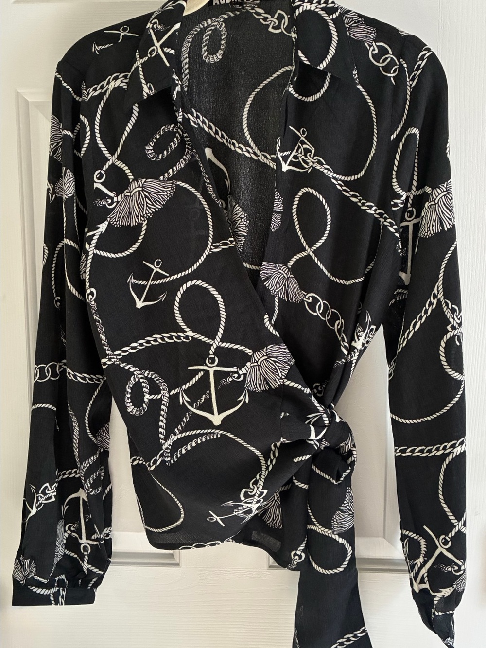 Audrey 3+1 Black Nautical Rope & Anchor Wrap Blouse